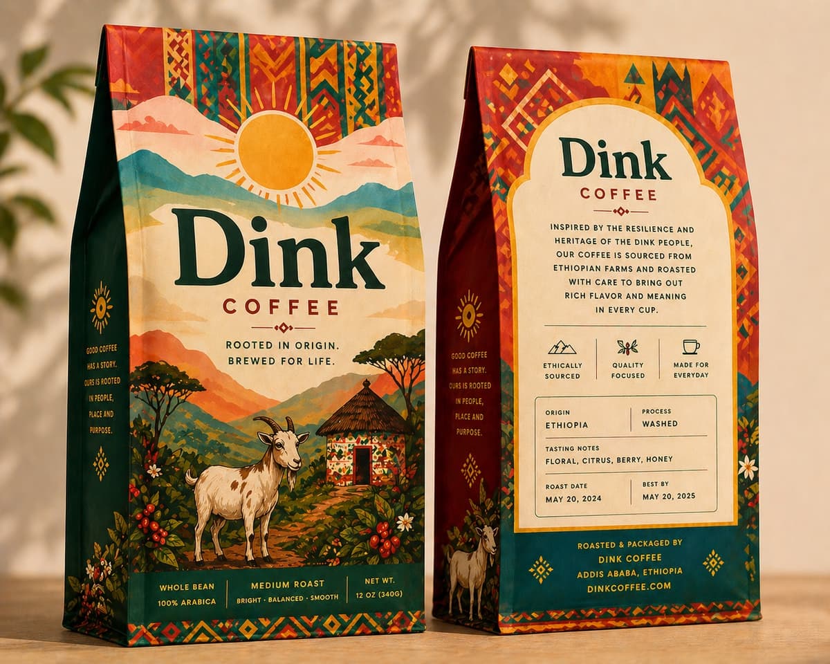 Dink Coffee package, front and back, in warm Ethiopian colors